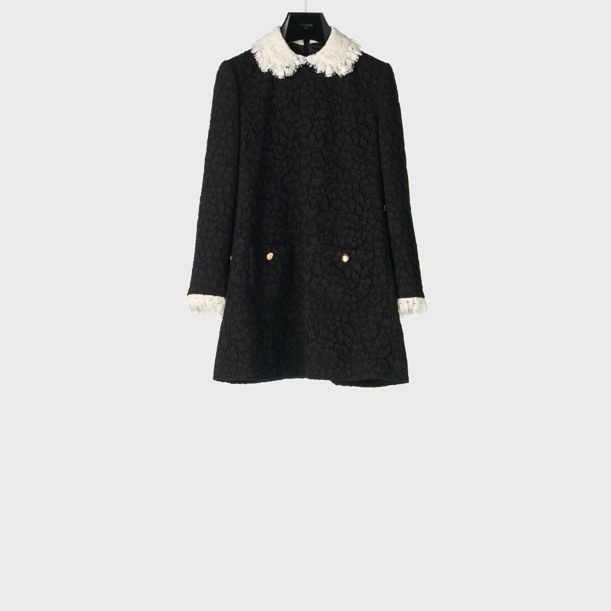 Mini Robe Trapèze Col Frill Dentelle Guipure - Black