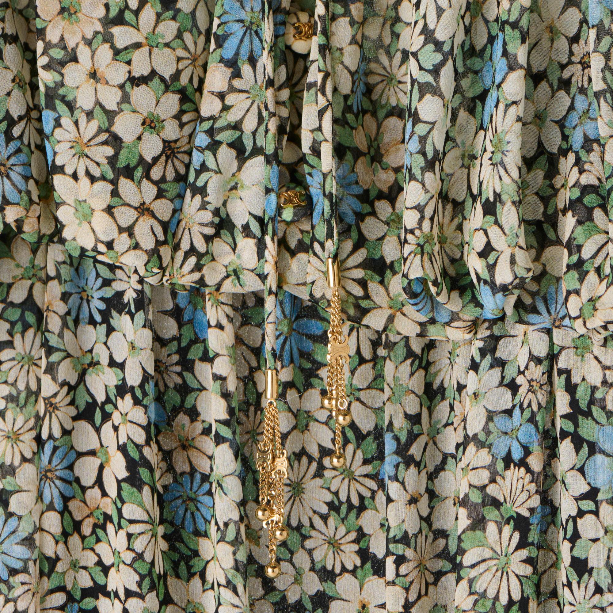 Dress Bain De Soleil Froncee Georgette Soie Jardin Hiver Robe - Noir/Bleu/Craie - Image 4
