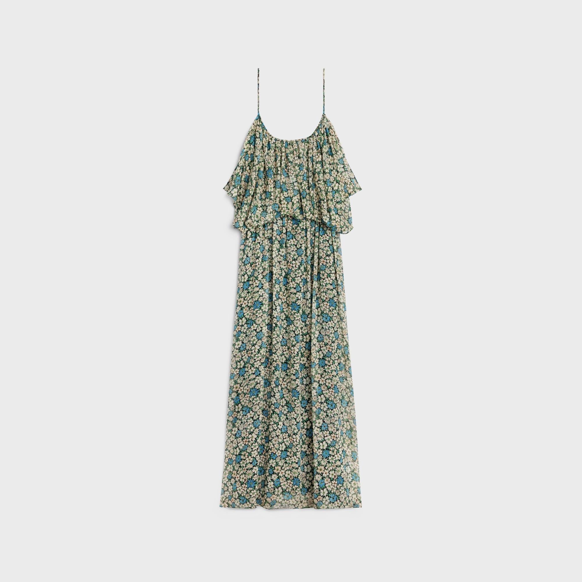 Dress Bain De Soleil Froncee Georgette Soie Jardin Hiver Robe - Noir/Bleu/Craie - Image 2