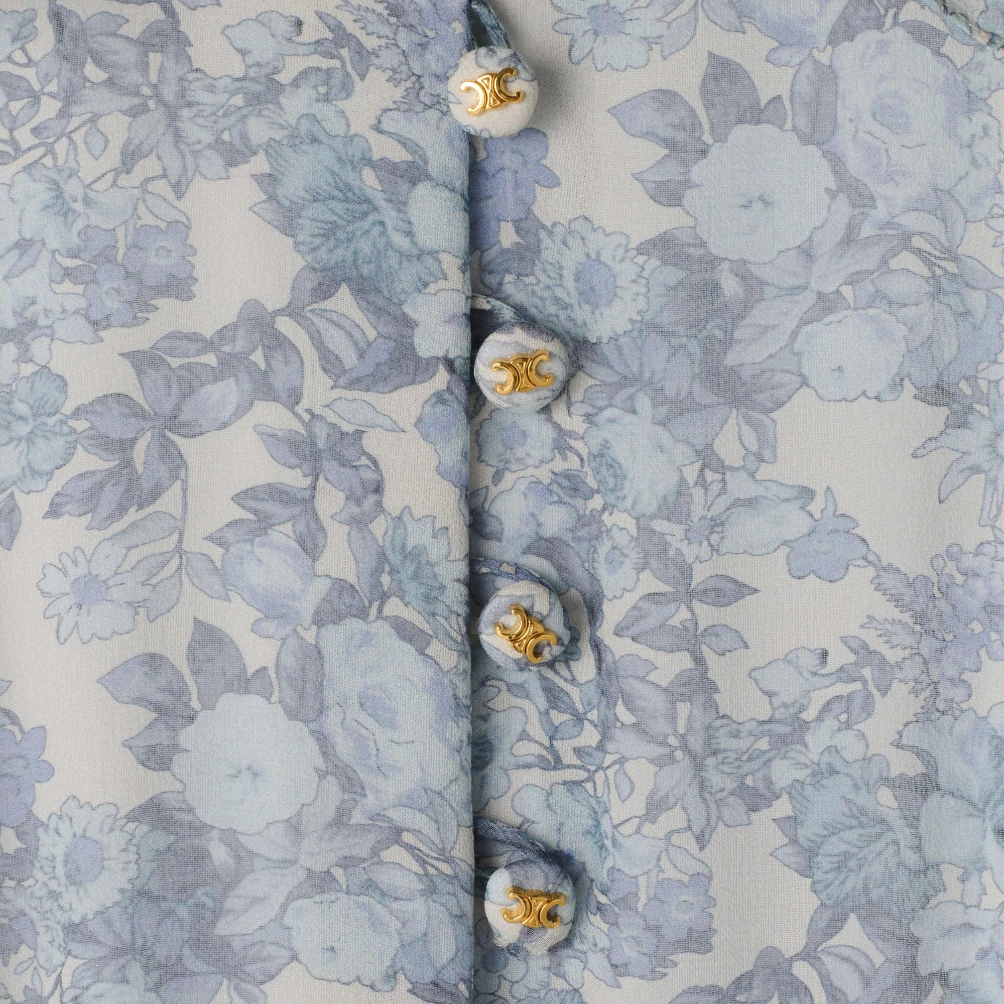 Robe Longue Volants Georgette Soie Aquarelle - Ecru/Bleu - Image 4
