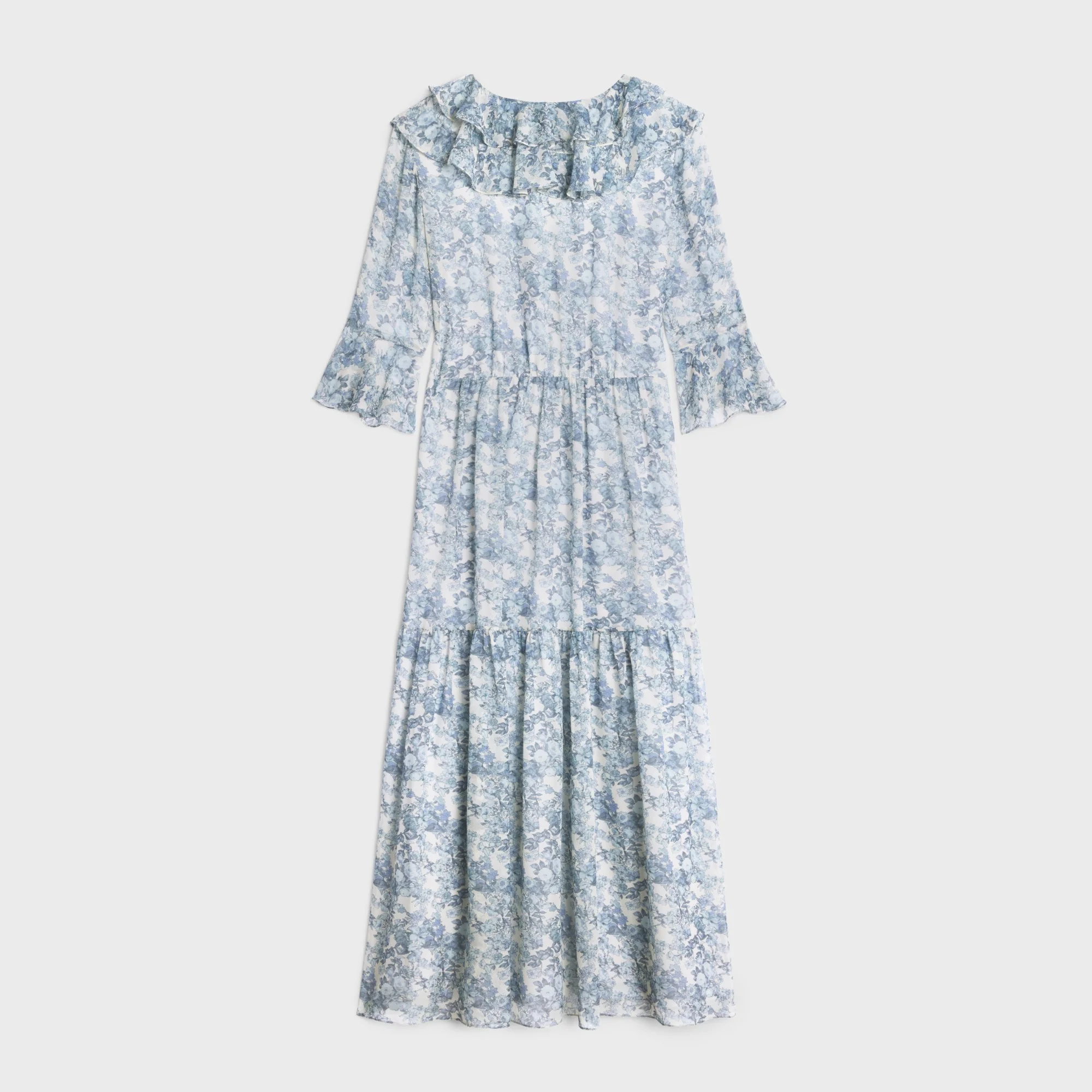 Robe Longue Volants Georgette Soie Aquarelle - Ecru/Bleu - Image 6