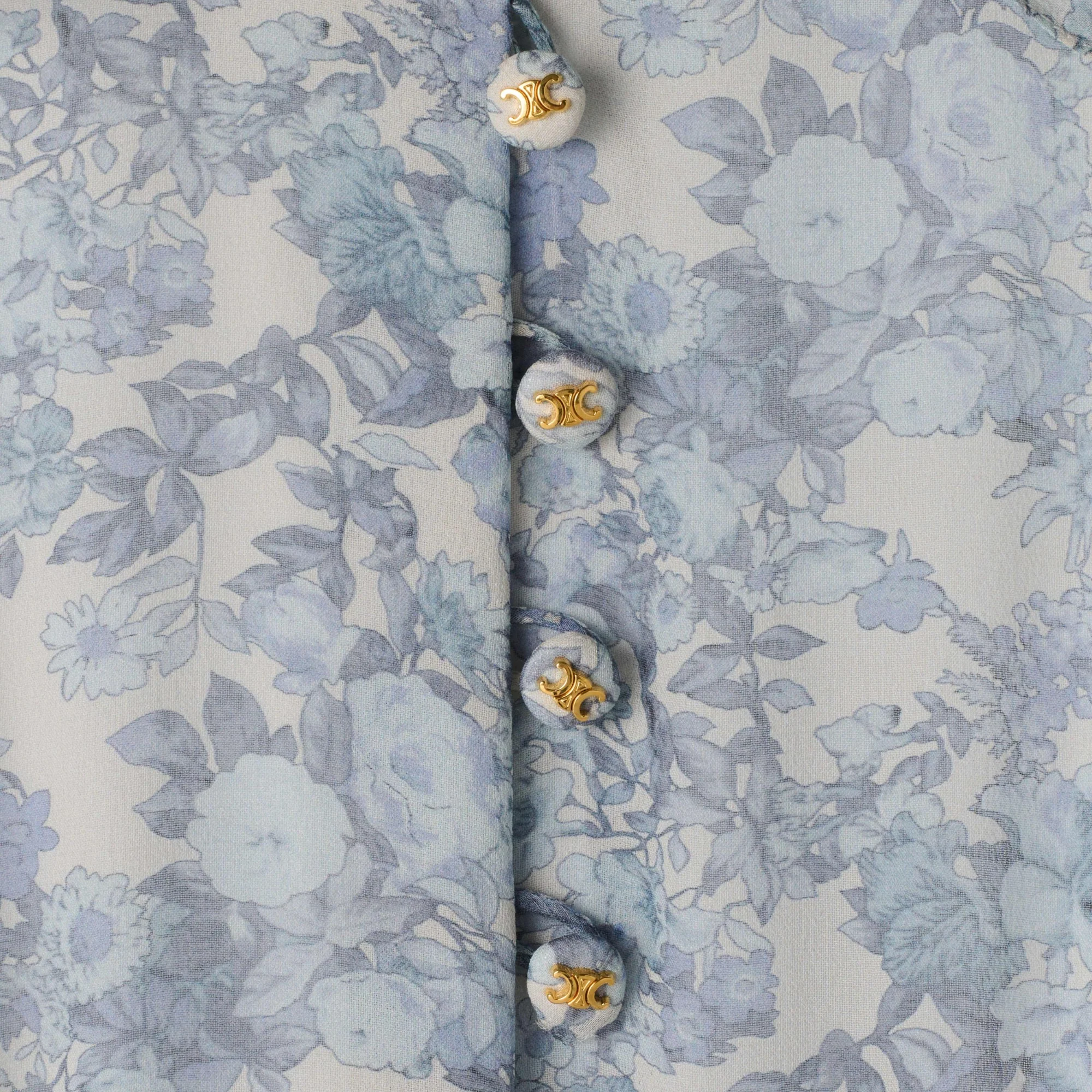 Robe Longue Volants Georgette Soie Aquarelle - Ecru/Bleu - Image 8