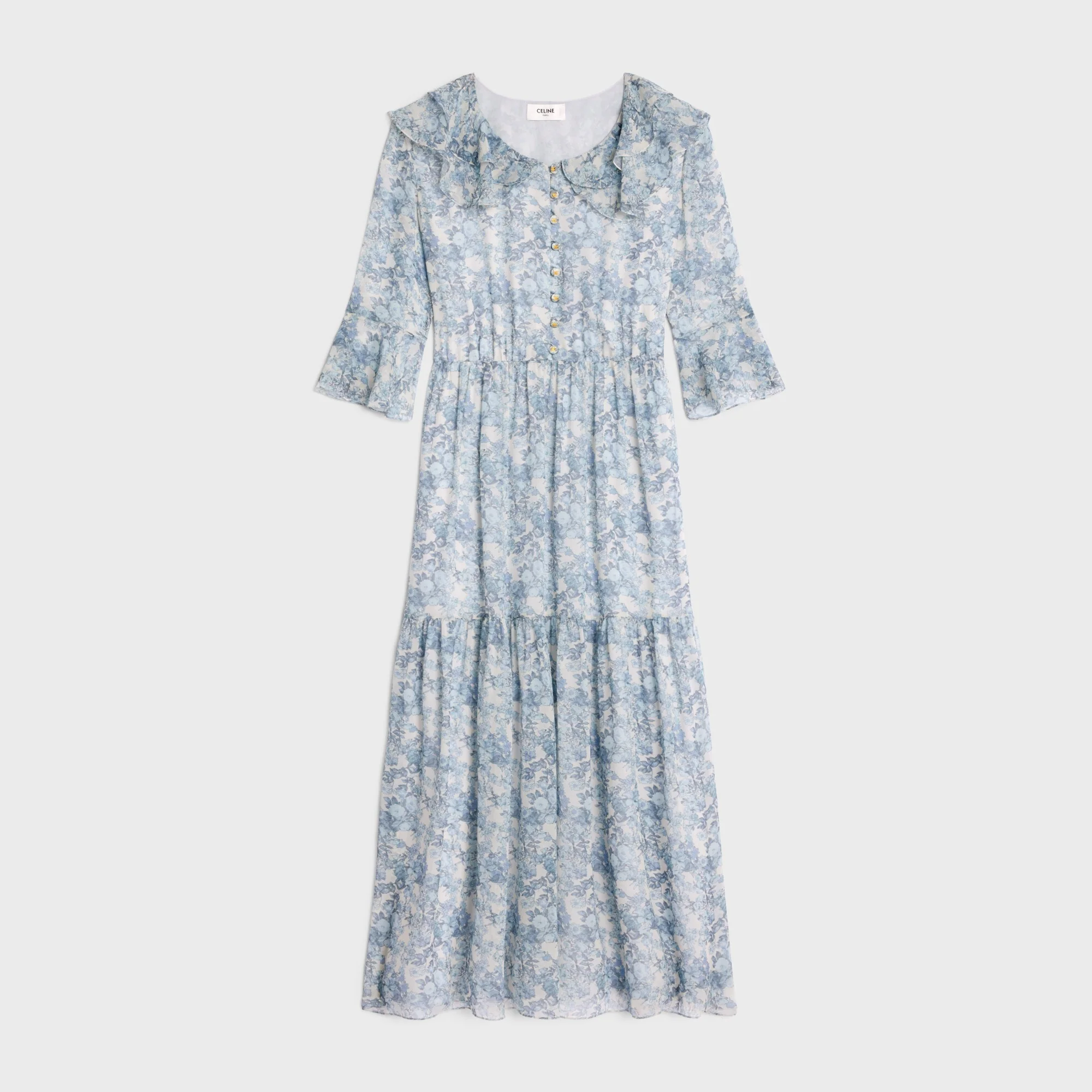 Robe Longue Volants Georgette Soie Aquarelle - Ecru/Bleu