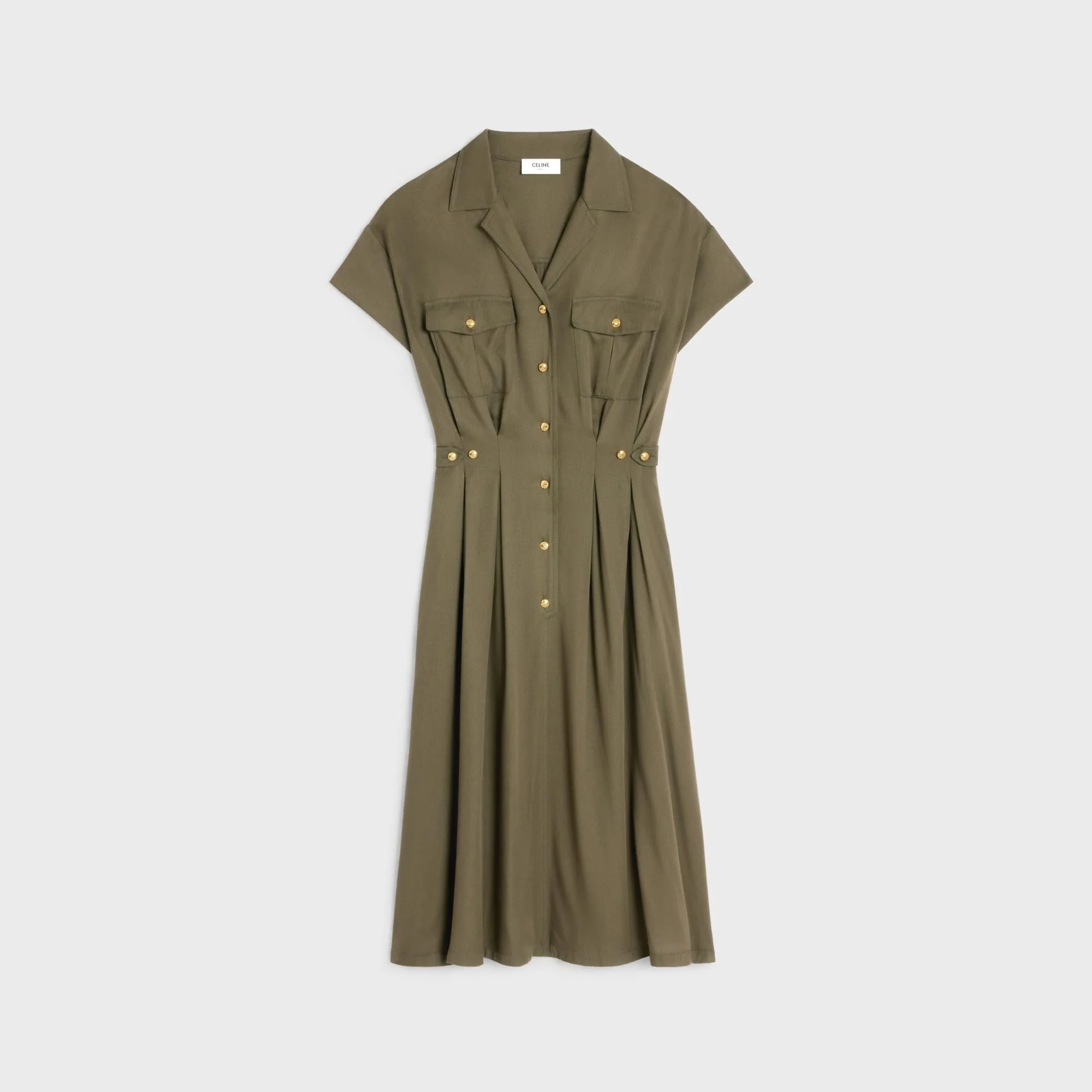Dress Chemise Détails Plis Viscose Légère Robe - Kaki Militaire