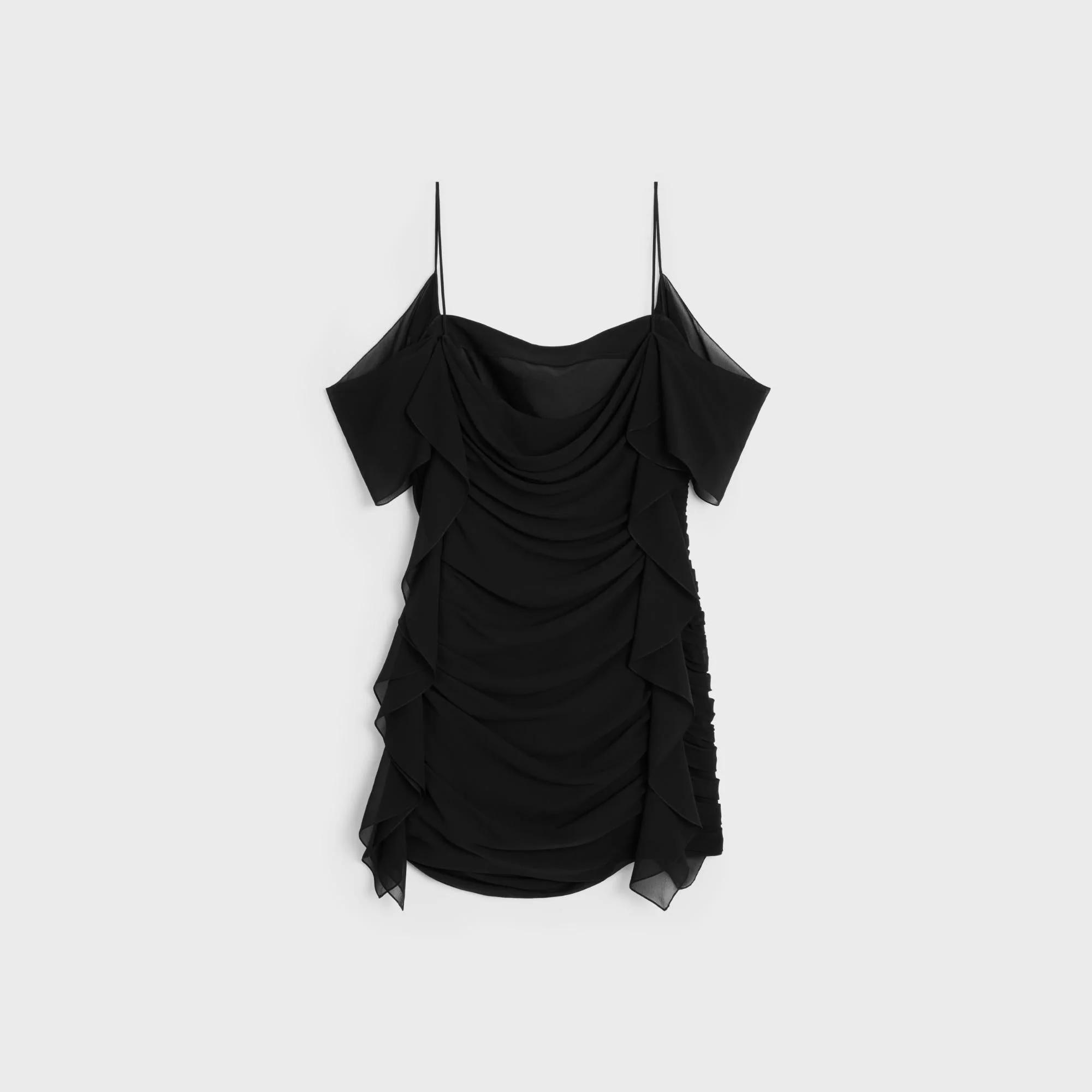 Dress Drapée Manche Volantée Silk Georgette Robe - Black - Image 2