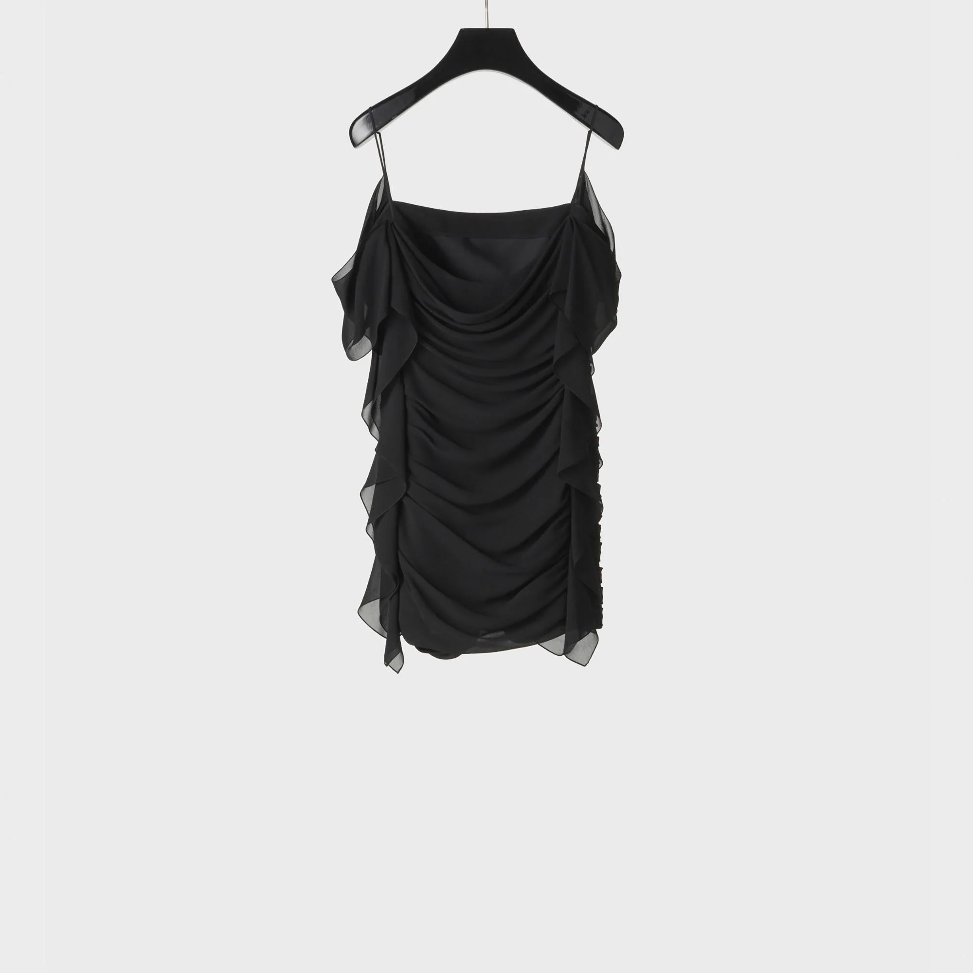 Dress Drapée Manche Volantée Silk Georgette Robe - Black - Image 3