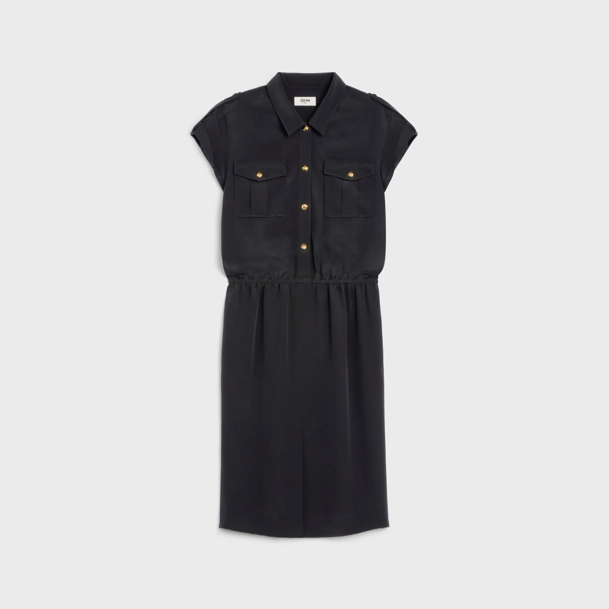 Dress Chemise Poches Army Drap Léger De Soie Robe - Black