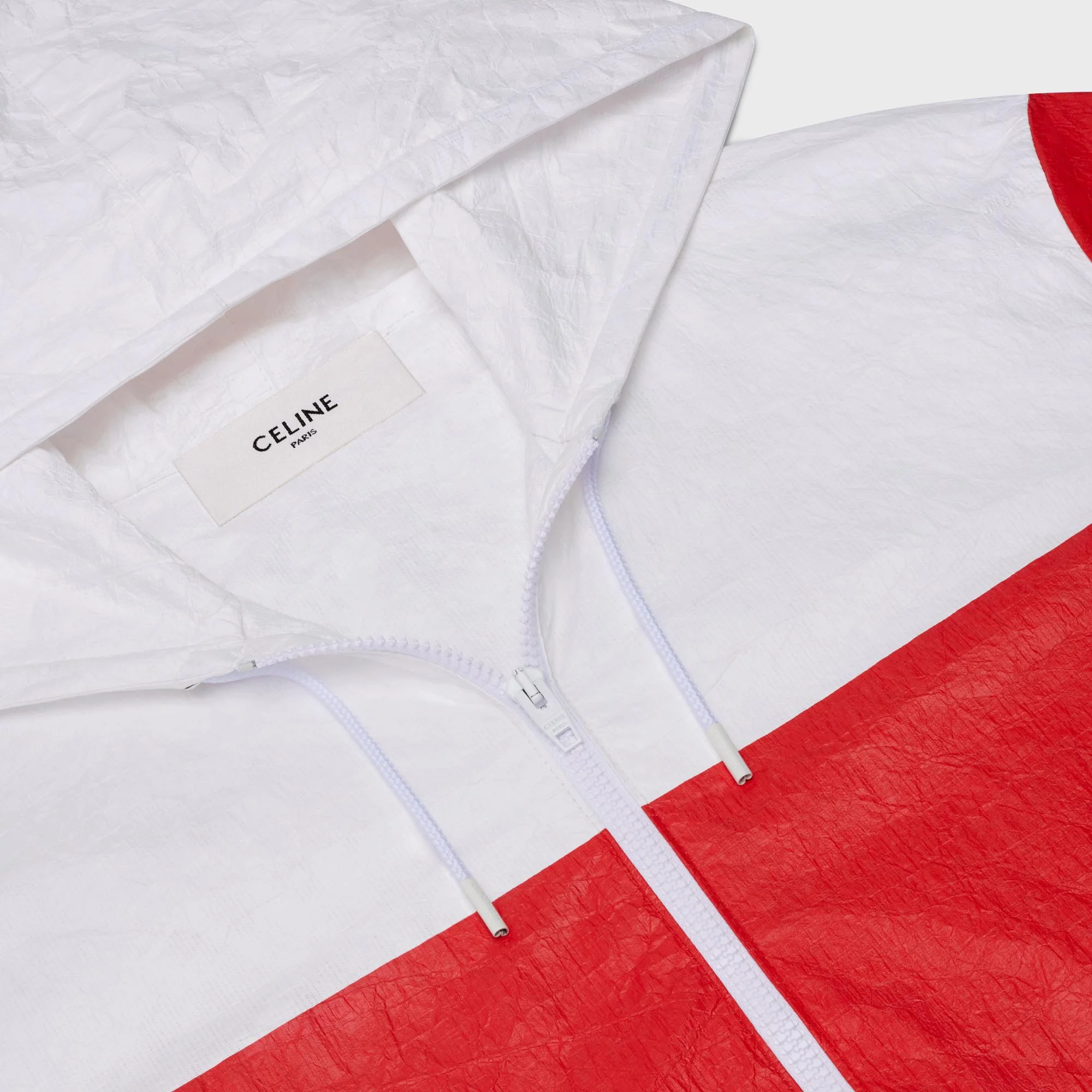 Veste Zippée Capuche Celine Tissus Effet Papier Color Bloc - Blanc/Rouge - Image 3