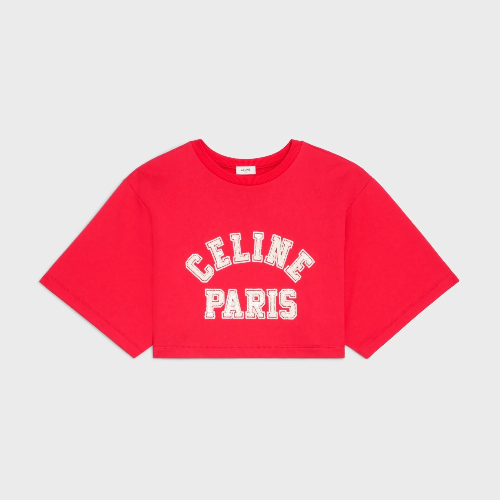 Crop Top Brodé Sequins Allover Cotton Fleece - Rouge Intense / Off White - Image 4