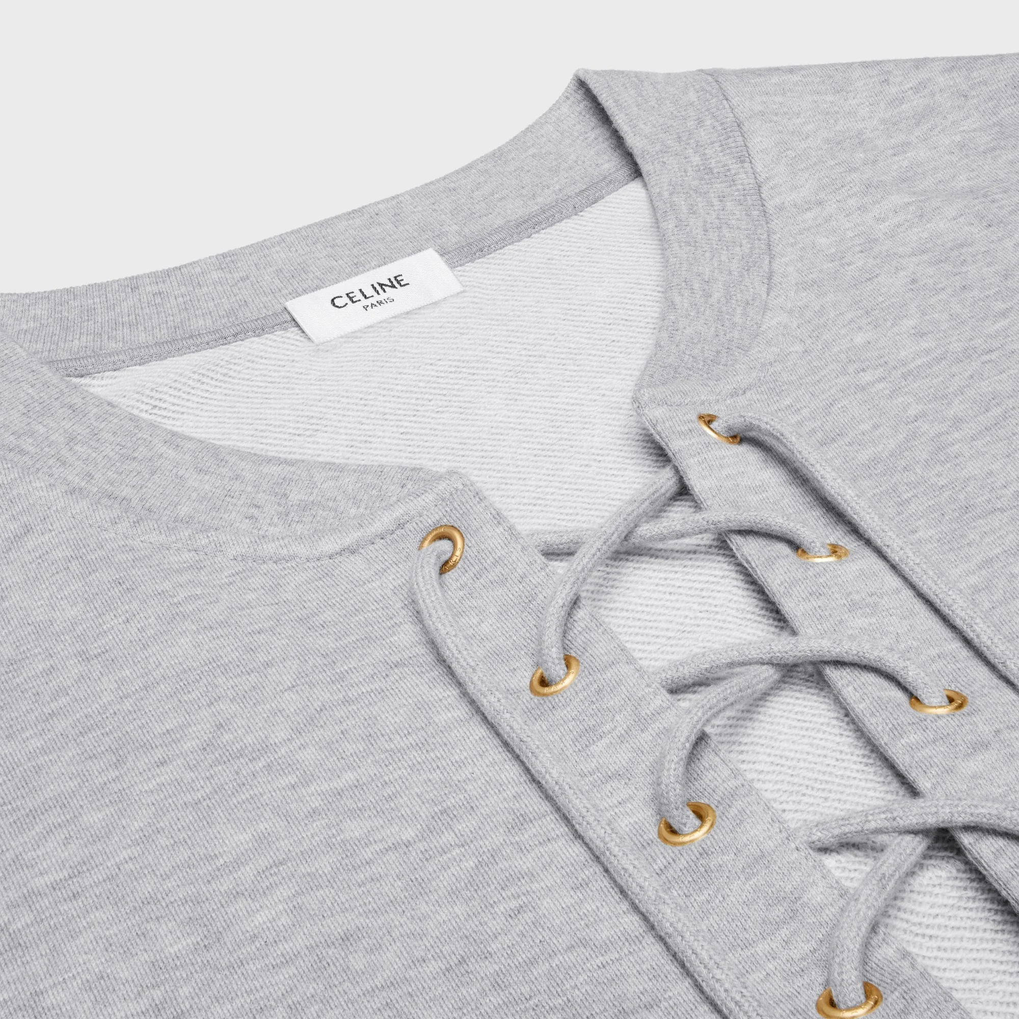 Sweat Lacets Celine Paris Molleton Coton Cashmere Cachemire - Grey Melange/Off White - Image 3
