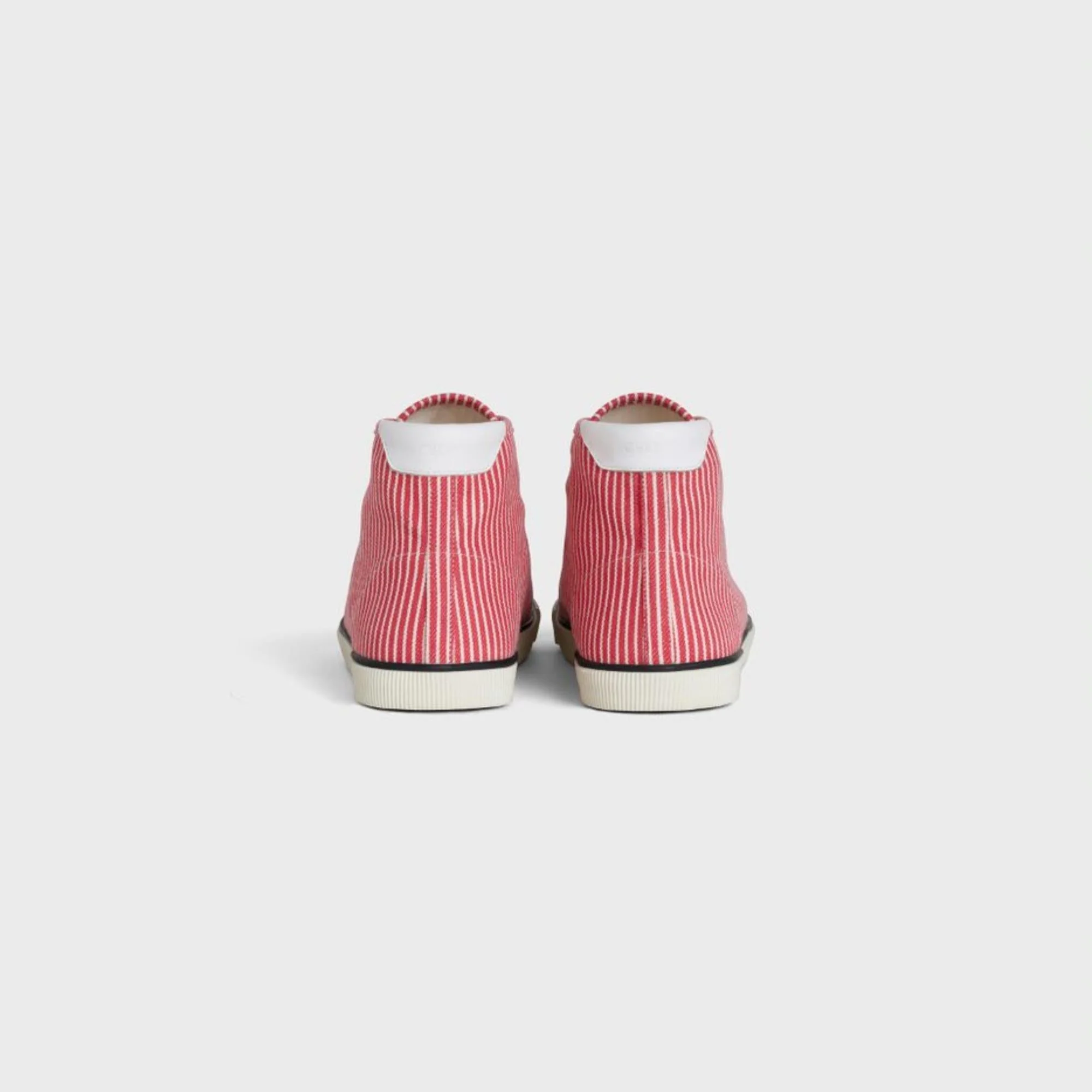 Celine Blank Mid Lace Up Sneaker W/ Toe Cap Stripped Canvas & Calfskin - White / Red - Image 6