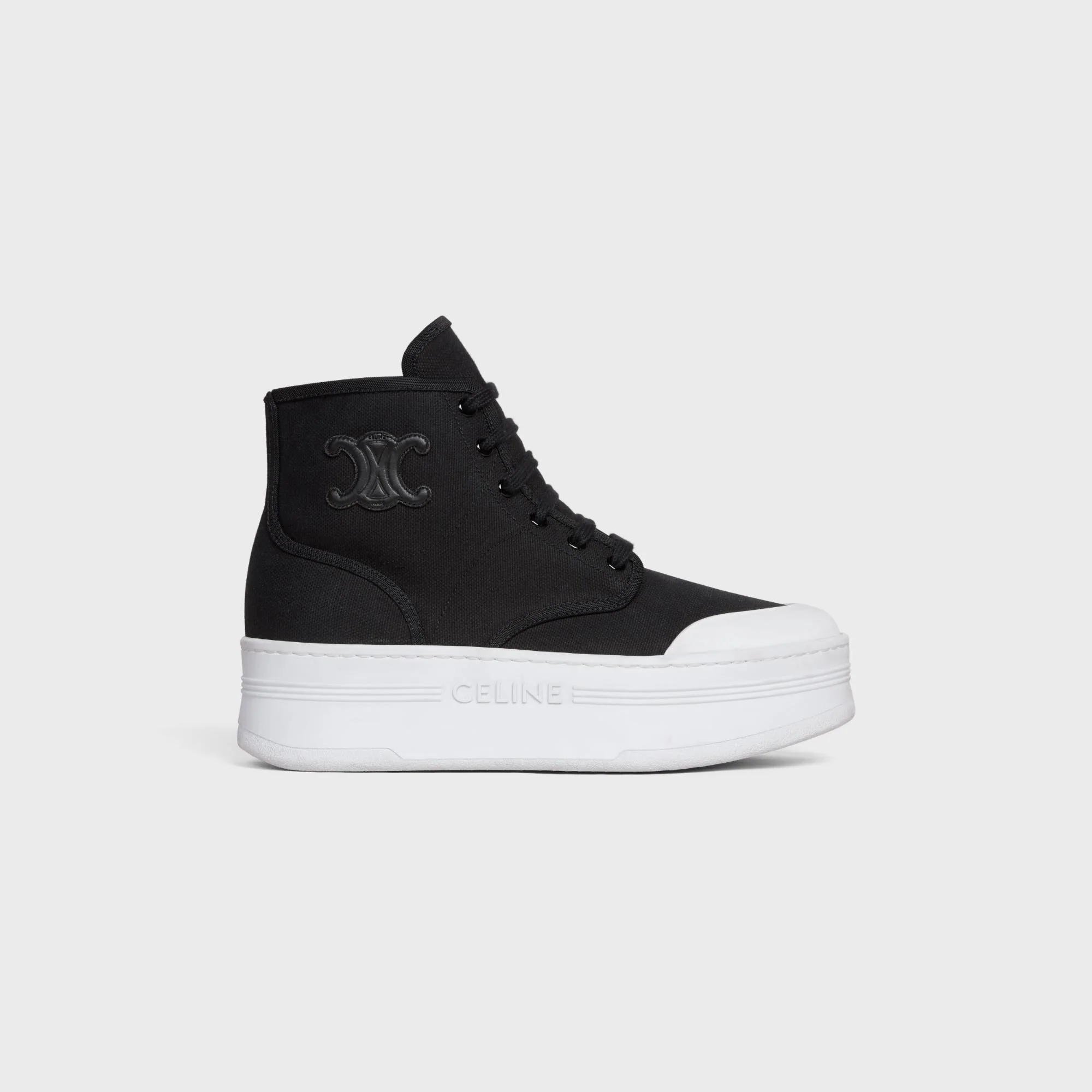 Celine Block Wedge Lace-Up Boot W/ Triomphe Canvas - Black