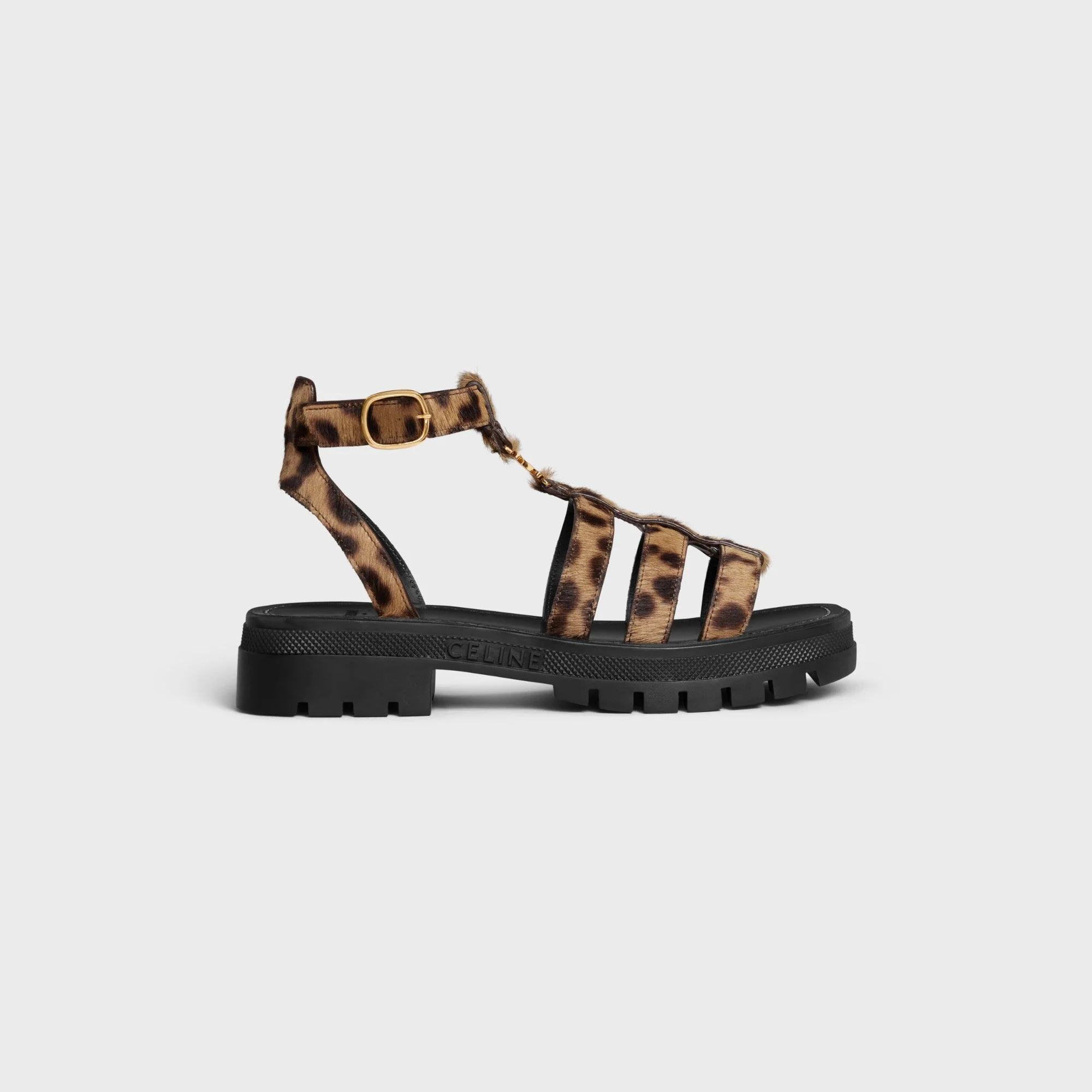 Clea Triomphe Gladiator Chunky Sand Leopard Printed Hairy Calfskin - Black / Brown / Beige