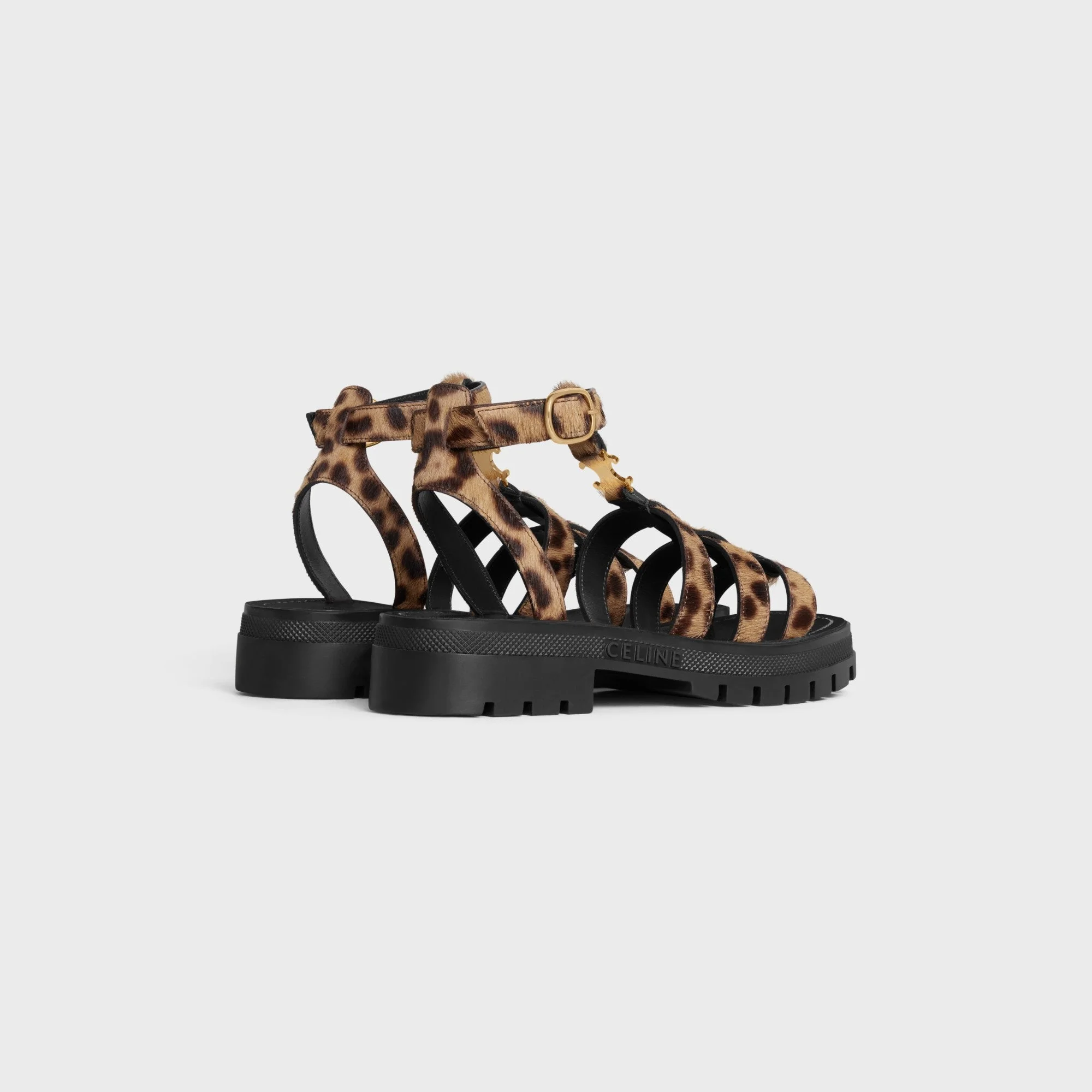 Clea Triomphe Gladiator Chunky Sand Leopard Printed Hairy Calfskin - Black / Brown / Beige - Image 3