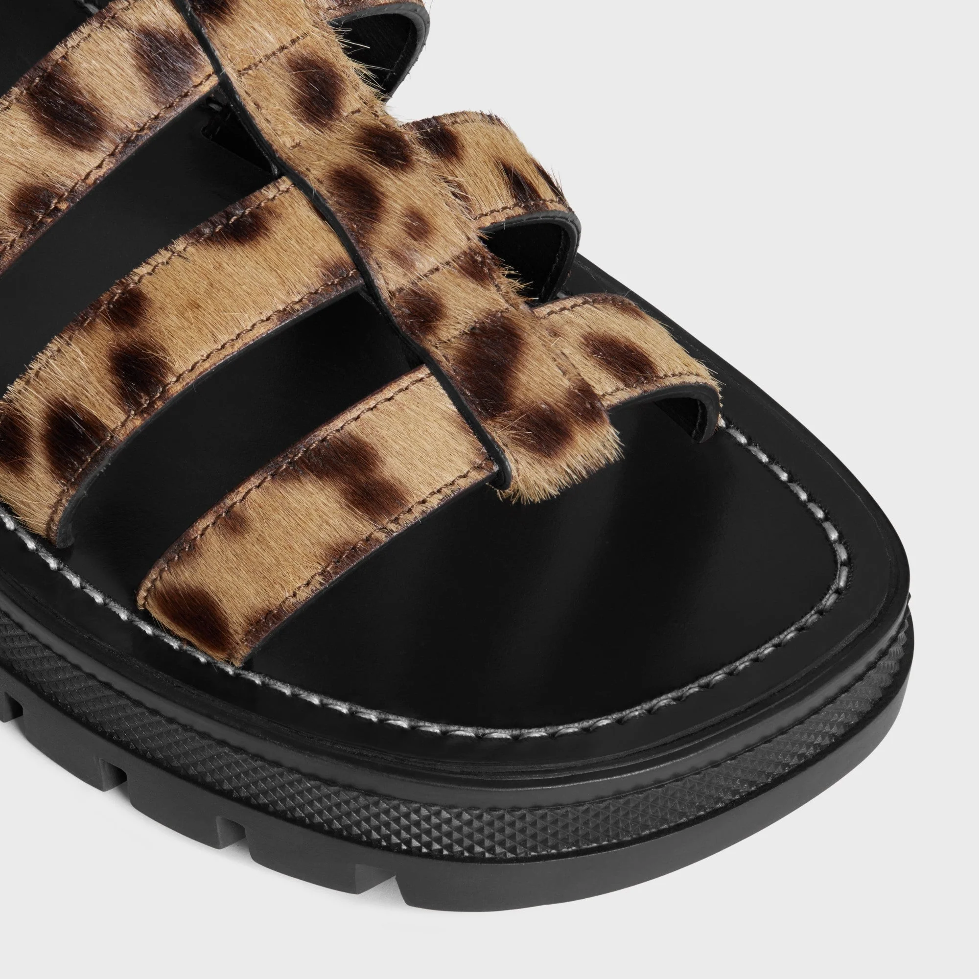 Clea Triomphe Gladiator Chunky Sand Leopard Printed Hairy Calfskin - Black / Brown / Beige - Image 4