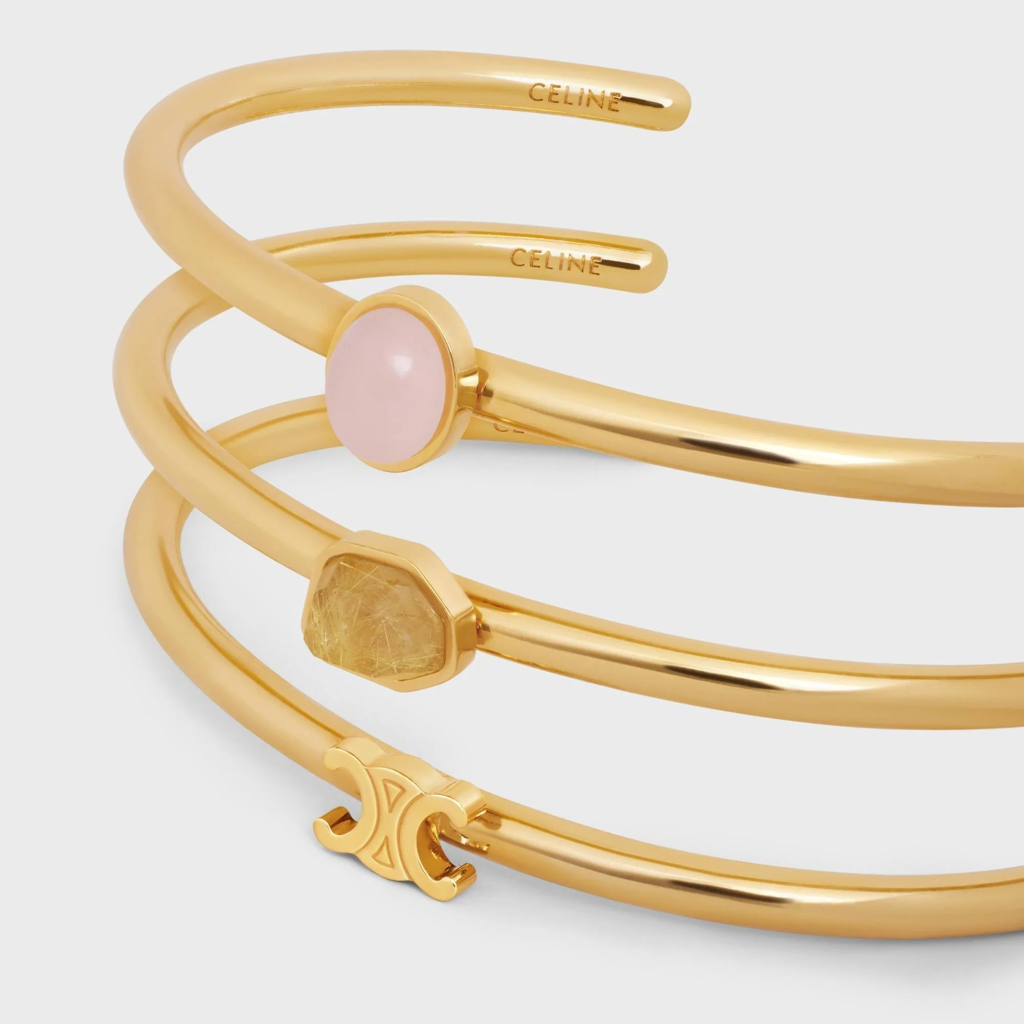 Triomphe Indie Set Of 3 Cuffs Brass& Quartz Rutile & Pink Qu - Gold / Quartz Rutile / Pink Qu - Image 4
