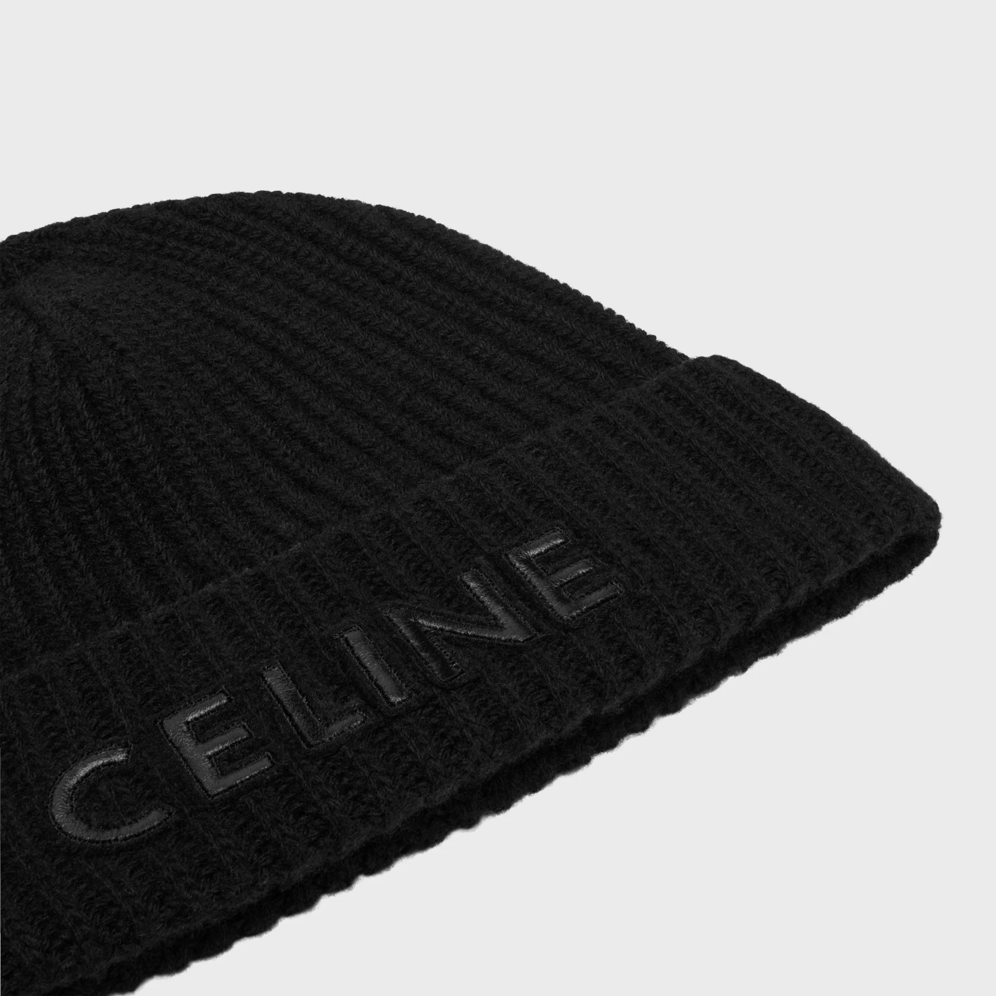 Beanie Celine Bonnet Laine Monochrome Cuir - Black - Image 3