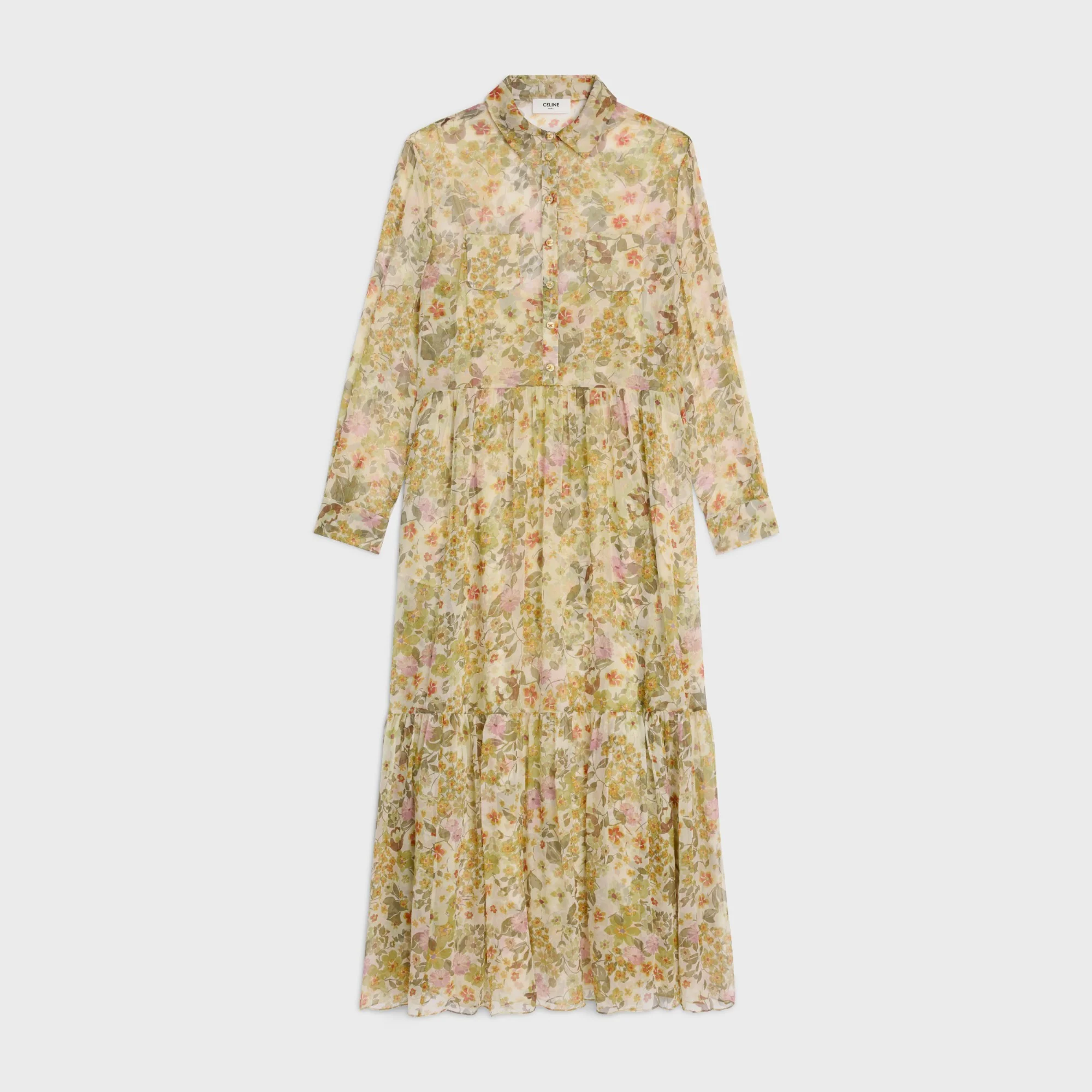 Dress Chemise Plein Soleil Crepon De Soie Bouquet Fleurs Robe - Creme/Multicolore