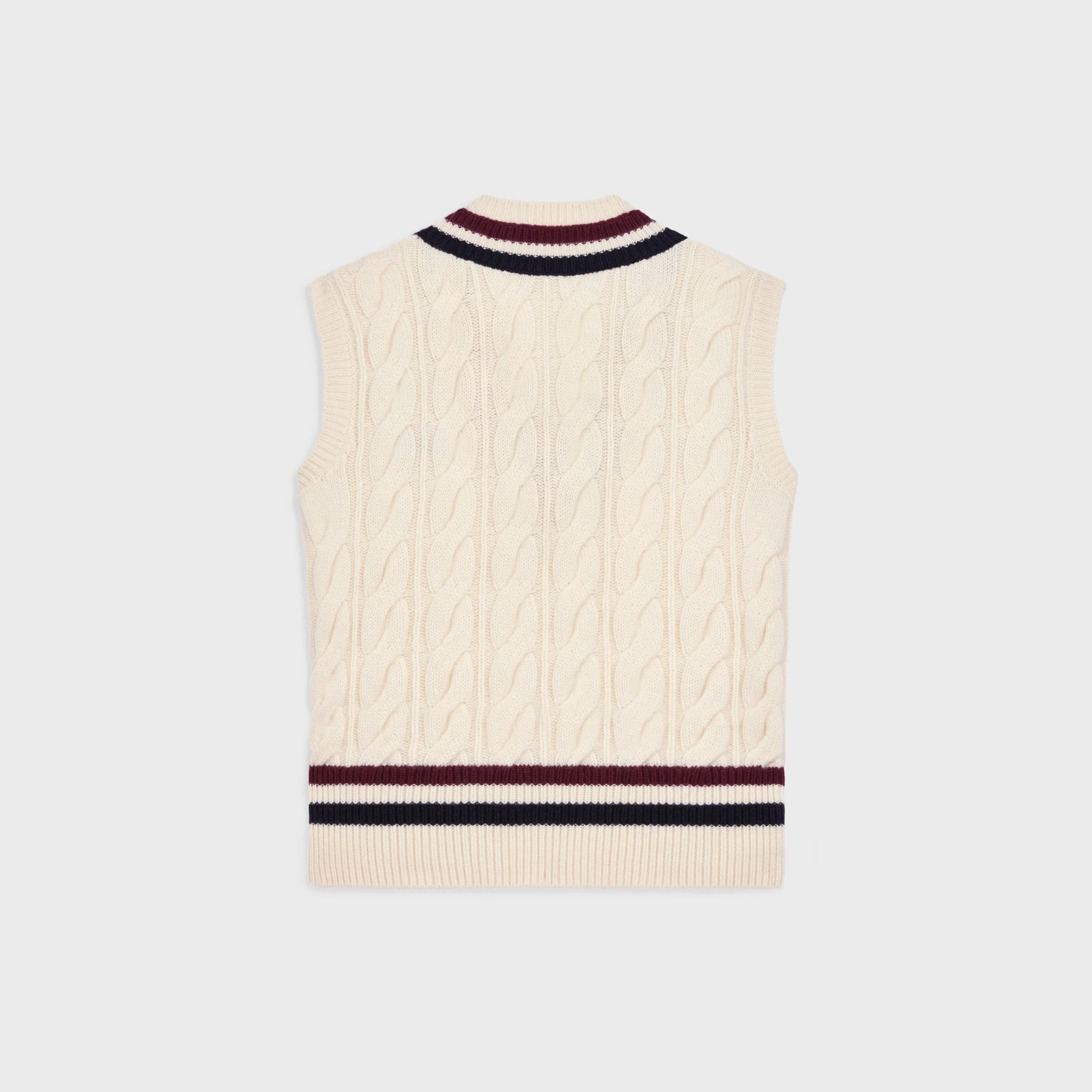 Pull Sans Manches Col V Cashmere Torsade Cachemire - Ecru/Burgundy/Navy - Image 3