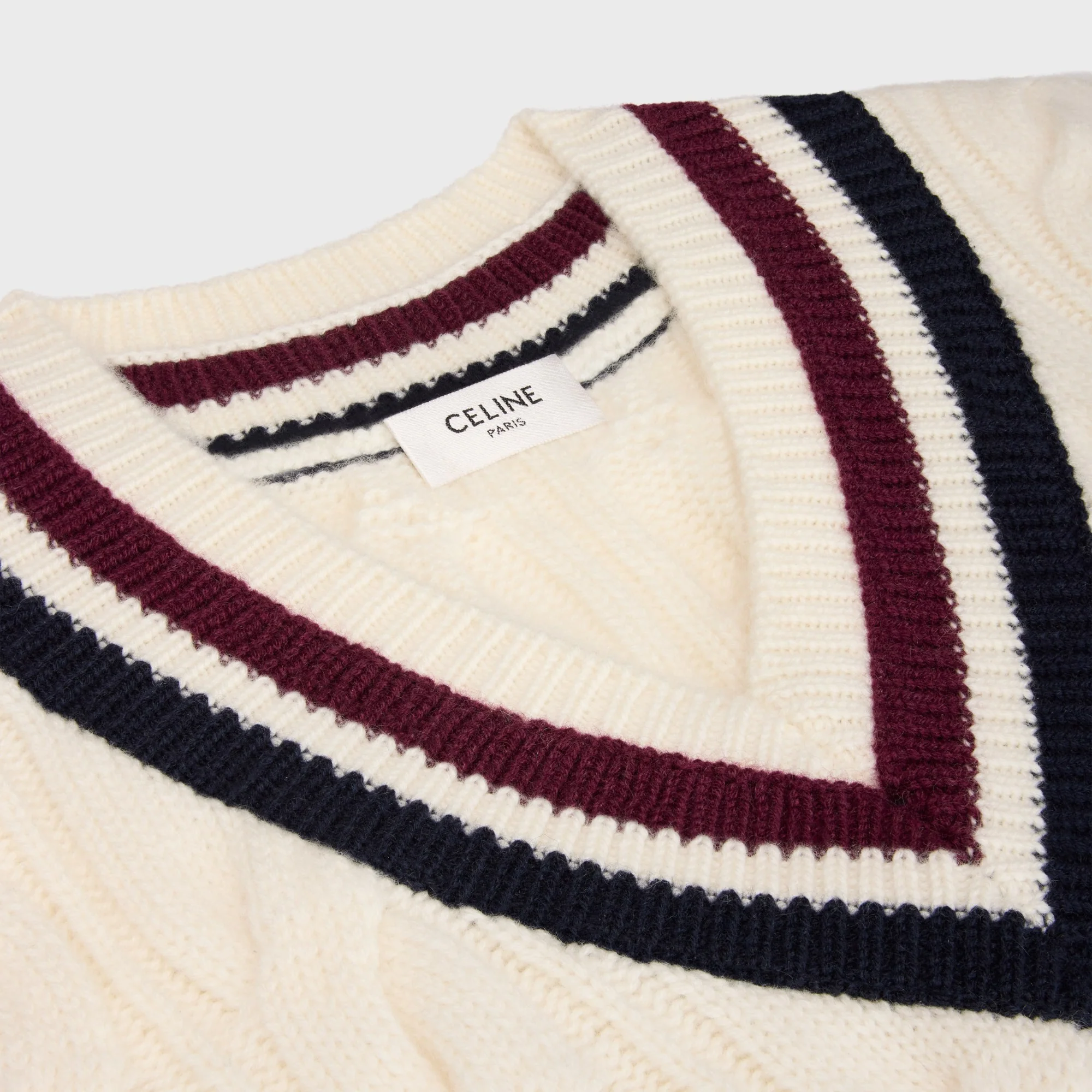 Pull Sans Manches Col V Cashmere Torsade Cachemire - Ecru/Burgundy/Navy - Image 4