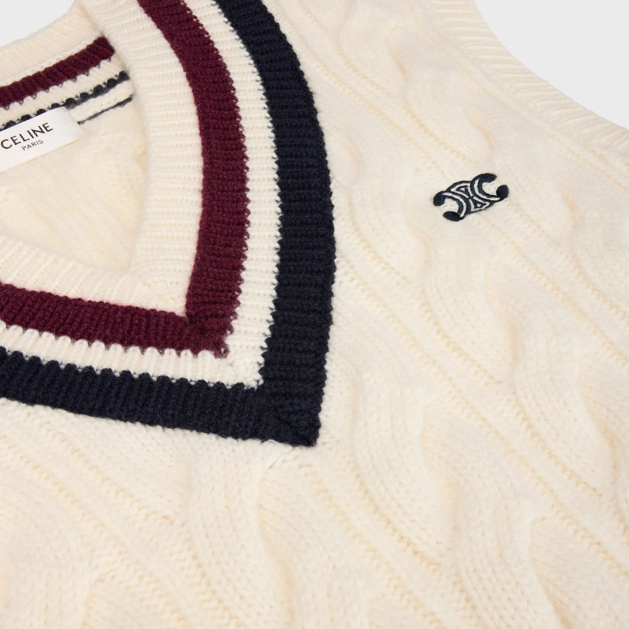 Pull Sans Manches Col V Cashmere Torsade Cachemire - Ecru/Burgundy/Navy - Image 5